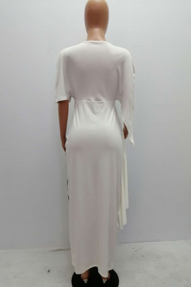 Women's Cool Round Neck Cutout Short Sleeve Colorblock Ruffle Hem Printed Maxi Asymmetric White Dress