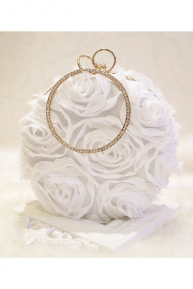 Women's Elegant Plain Ruffled Floral Embellishment Rhinestone Round Handle Evening Clutch Handbag