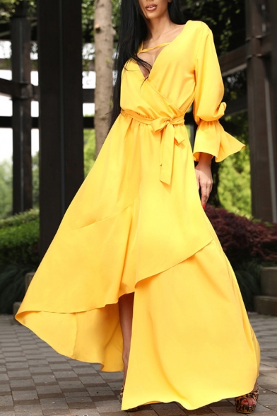 Women's Elegant Plunge Neck Long Sleeve Plain V-Back Bow-Tied Waist Maxi Asymmetric Yellow Dress