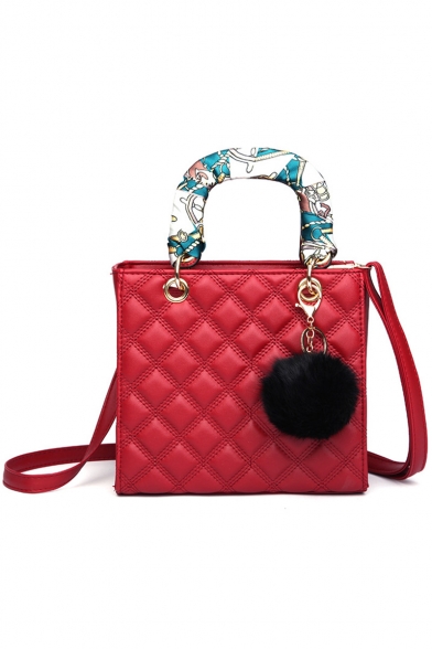 Women's Fashion Diamond Check Quilted Plush Ball Embellishment Silk Scarf Handle Satchel Shoulder Bag 21*9*19 CM