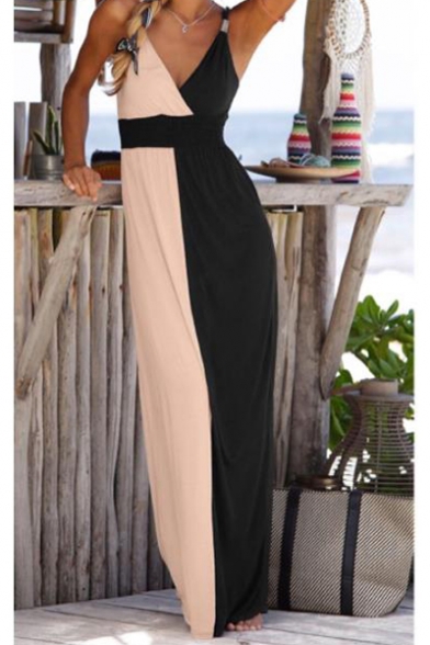 Women's Hot Fashion V-Neck Sleeveless Colorblock Printed Maxi Slip Dress