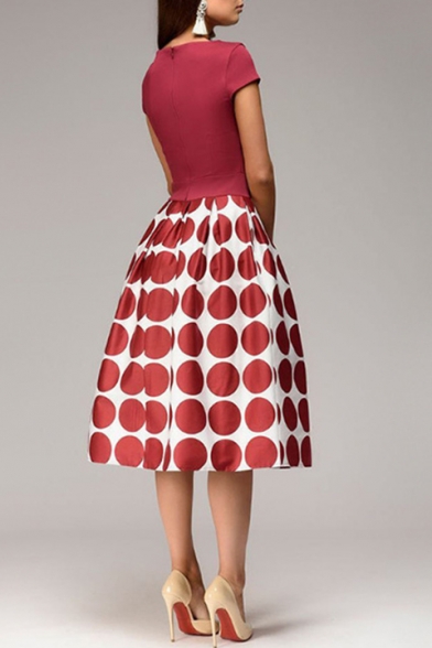 Women's New Stylish Polka Dot Short Sleeve Round Neck Midi A-Line Dress
