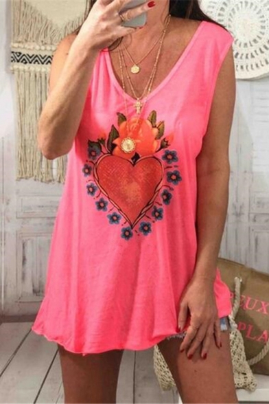 Women's New Trendy Floral Heart Printed V-Neck Sleeveless Loose Tank