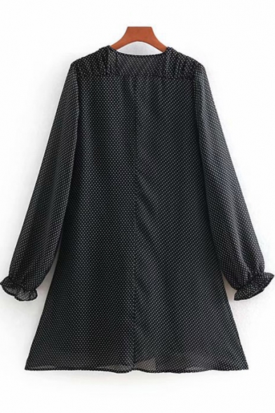 Women's New Trendy V-Neck Long Sleeve Polka Dot Midi Black A-Line Dress