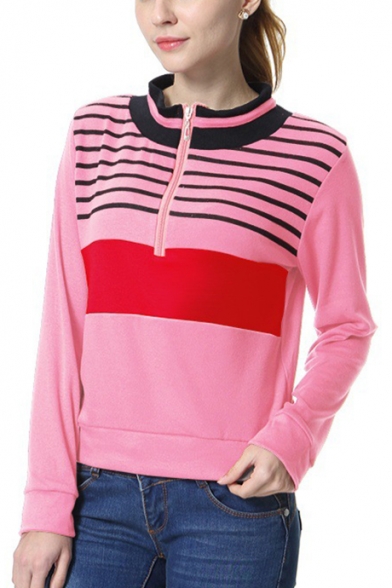 Women's Stripes Print Zipper Front Contrast Trim Stand Collar Long Sleeve Sweatshirt