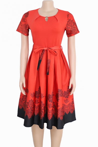Women's Stylish Floral Print Short Sleeve Round Neck Bow-Tied Waist Midi A-Line Dress