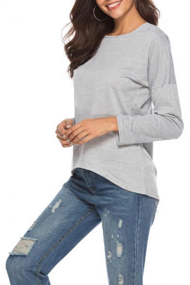 Womens Basic Simple Solid Color Round Neck Long Sleeve Casual Grey Sweatshirt