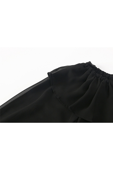 Womens Black Sexy Cutout Front Off the Shoulder Long Sleeve Sheer Chiffon Mini A-Line Dress