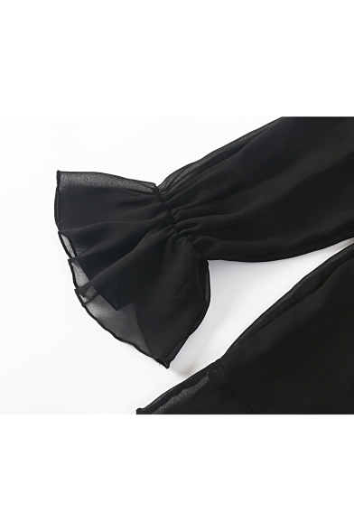 Womens Black Sexy Cutout Front Off the Shoulder Long Sleeve Sheer Chiffon Mini A-Line Dress