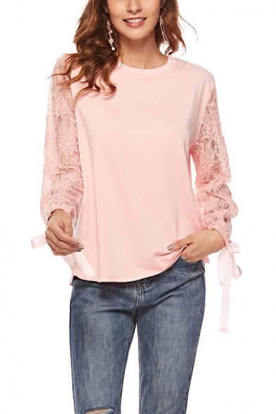 Womens Fashion Solid Color Round Neck Lace Patched Long Sleeve Pink Sweatshirt