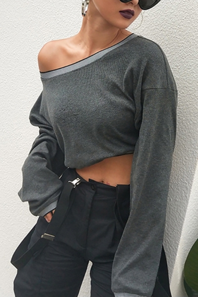 Womens Sexy Off the Shoulder Long Sleeve Simple Plain Cropped Grey Sweatshirt