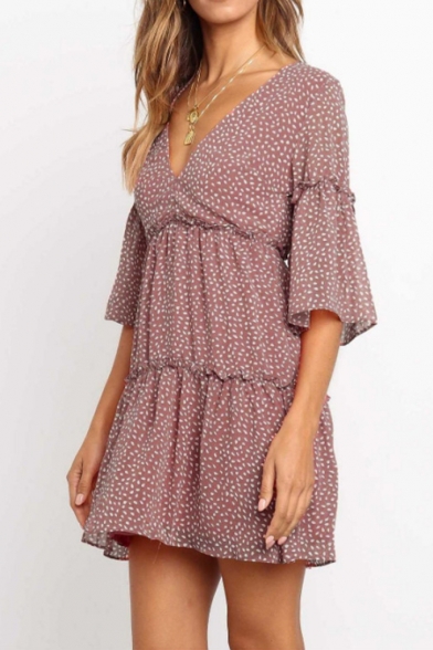 Womens Summer New Trendy Polka Dot Printed V-Neck Mini A-Line Ruffled Dress