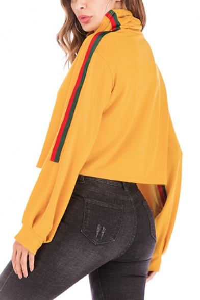 Womens Trendy Funnel Cowl Neck Striped Long Sleeve Cropped Yellow Sweatshirt