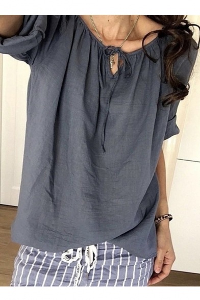 Womens Unique Trendy Tied V-Neck Basic Solid Color Casual Loose T-Shirt