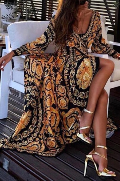 Womens Vintage Luxury Pattern V-Neck Long Sleeve Tied Waist Maxi Swing Evening Dress