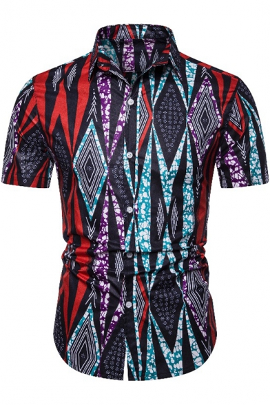 African Tribal Printed Mens Basic Short Sleeve Button Up Slim Fitted Shirt