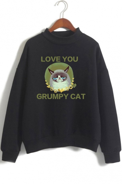 Basic Mock Neck Long Sleeve Cute Letter LOVE YOU GRUMPY CAT Casual Loose Pullover Sweatshirt