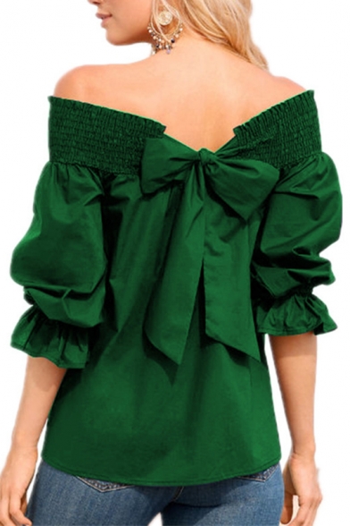Basic Simple Plain Chic Bow-Tied Back Sexy Off the Shoulder Ruffled Sleeve Blouse Top