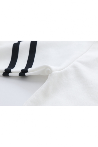 Cartoon Cat I LOVE Letter Printed Round Neck Striped Long Sleeve White Sweatshirt