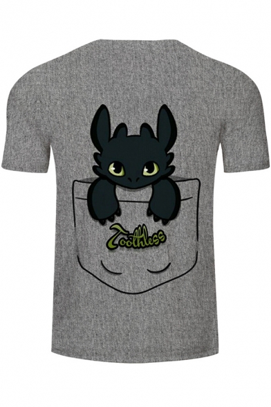 Cartoon Funny Pocket Toothless Dragon 3D Print Short Sleeve Grey T-Shirt