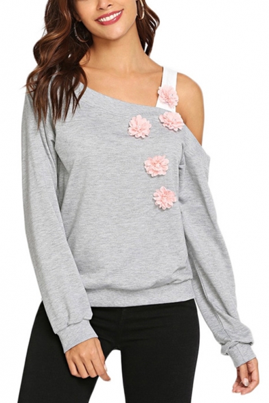 Chic Floral Embellished Cold Shoulder Long Sleeve Grey Plain Sweatshirt