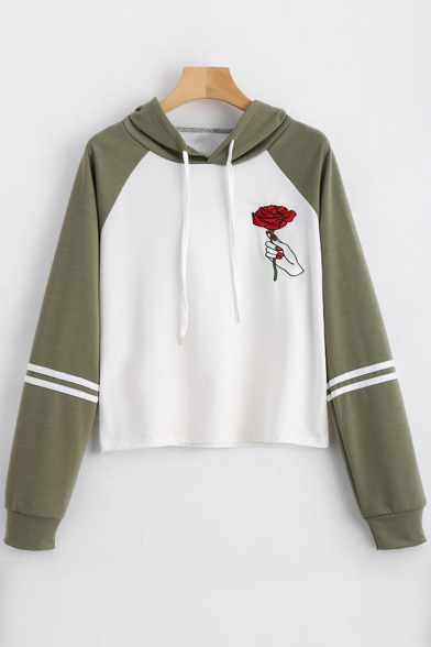 Chic Hand Rose Floral Print Stripe Long Sleeve Cropped Drawstring Hoodie for Women