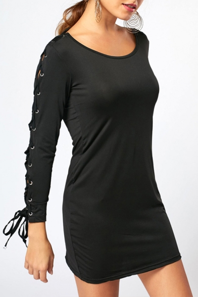 Chic Hollow Out Eyelet Lace-Up Long Sleeve Round Neck Simple Plain Mini Bodycon Black Dress