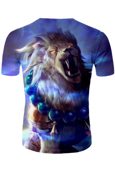 Cool 3D Lion Pattern Round Neck Short Sleeve Blue Casual Loose Tee