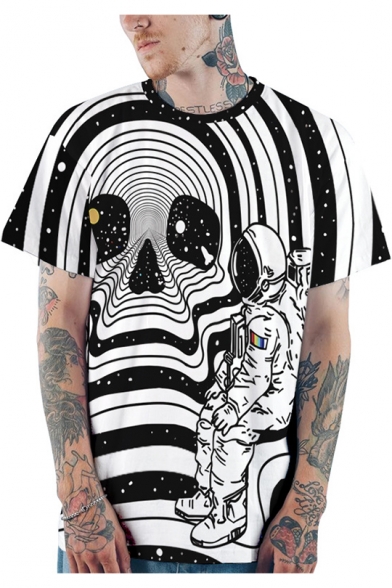 Cool 3D Striped Skull Astronaut Printed Round Neck Short Sleeve Black and White T-Shir
