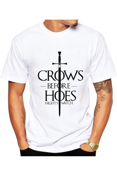 Cool Sword Letter CROWS BEFORE HOES Print Short Sleeve White Graphic Tee
