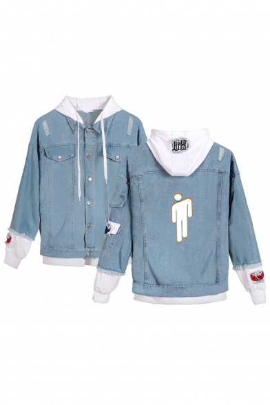 Cool Unique Puppet Figure Print Hooded Long Sleeve Fake Two-Piece Ripped Blue Denim Jacket