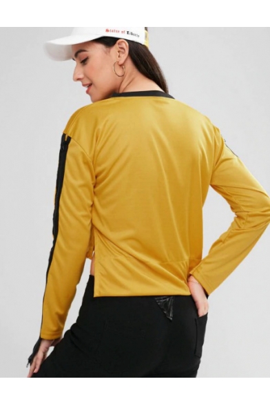 Cool Zip Tape Patched Long Sleeve Round Neck Plain Cropped Yellow Sweatshirt