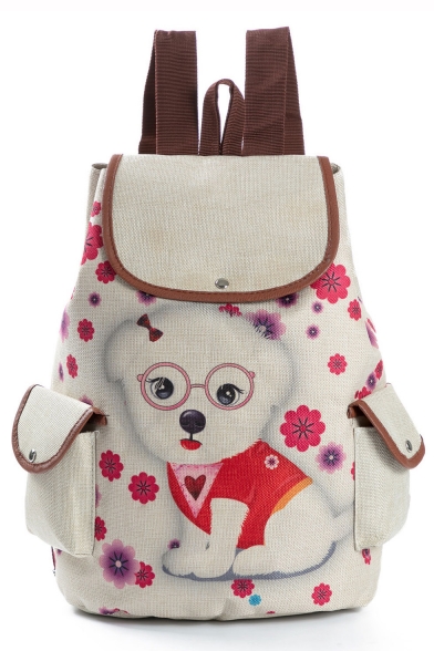 Cute Cartoon Dog Floral Printed Beige Travel Bag School Backpack with Side Pockets 28*11*39 CM