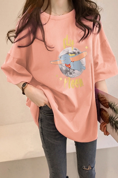 Cute Cartoon Dumbo Letter FLY MOON Printed Oversized T-Shirt