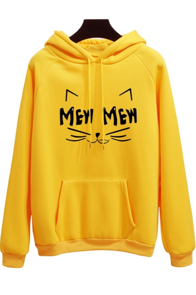 Cute Cartoon MEW Cat Pattern Long Sleeve Loose Sport Pullover Hoodie for Students