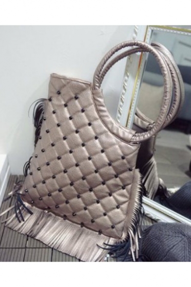 Designer Solid Color Rivet Embellishment Round Handle Fringe Shoulder Bag Handbag 35*2*32 CM