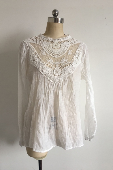Fashion Chic Lace-Panel Long Sleeve Simple Plain Casual Loose Blouse Top