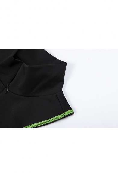 Fashion Contrast Piping Zipper Stand Collar Sleeveless Mini Black Bodycon Dress
