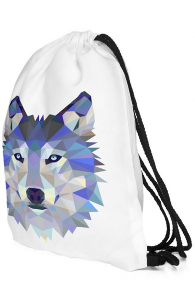 Fashion Creative 3D Wolf Printed White Drawstring Backpack Storage Bag 30*39 CM