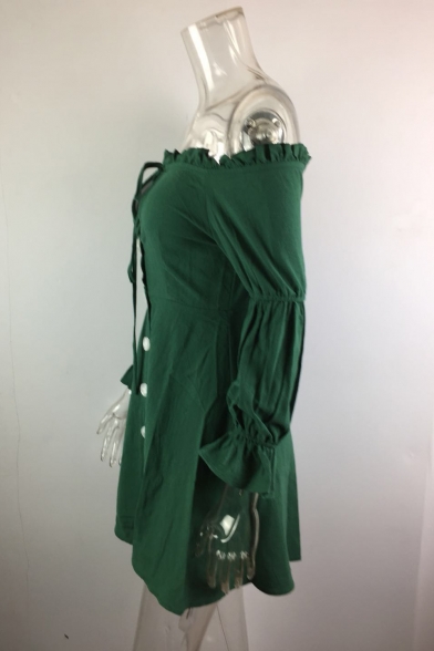 Fashion Vintage Green Ruffled Tied Off the Shoulder Long Sleeve Button Front Mini A-Line Cotton Dress