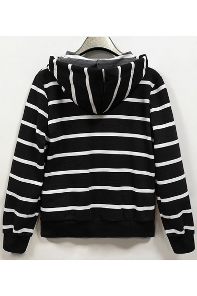 Fashion Women's Black and White Stripe Print Drawstring Hood Long Sleeve Knit Hoodie