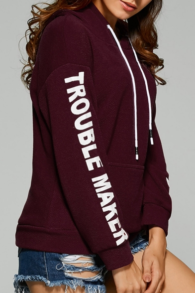 Fashion Women's TROUBLE MAKER Letter Print Long Sleeve Drawstring Hood Hoodie with Pocket