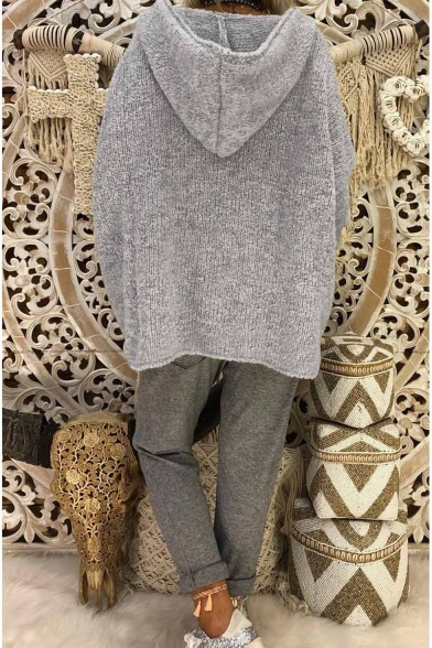 Fashionable Gray Plain Long Sleeve Knit Loose Hood Sweater