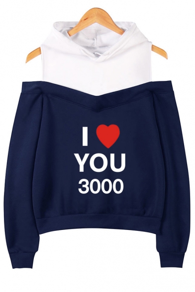 Father's Day Popular Heart Letter I LOVE YOU 3000 Cold Shoulder Long Sleeve Pullover Hoodie