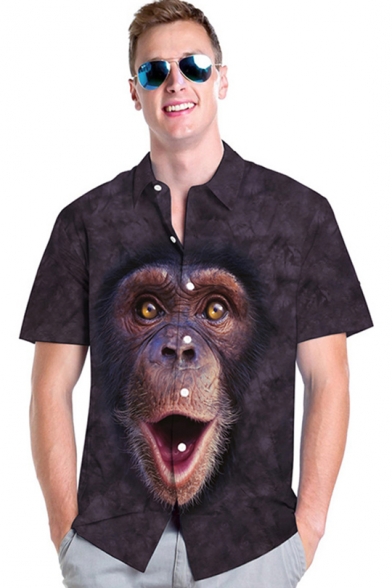Funny Gorilla 3D Printed Short Sleeve Casual Loose Button Up Shirt for Men