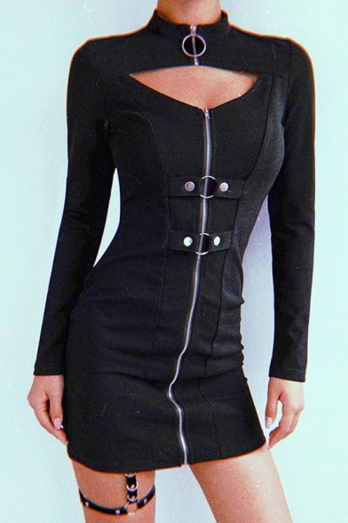 Girls Cool Punk Style Sexy Cutout Zipper Front Long Sleeve Black Plain Mini Bodycon Dress