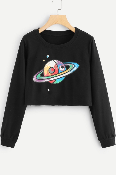 Girls Funny Cartoon Planet Print Basic Round Neck Long Sleeve Crop Black Sweatshirt