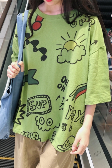 Girls Summer Funny Cartoon Letter Graffiti Printed Round Neck Oversized T-Shirt