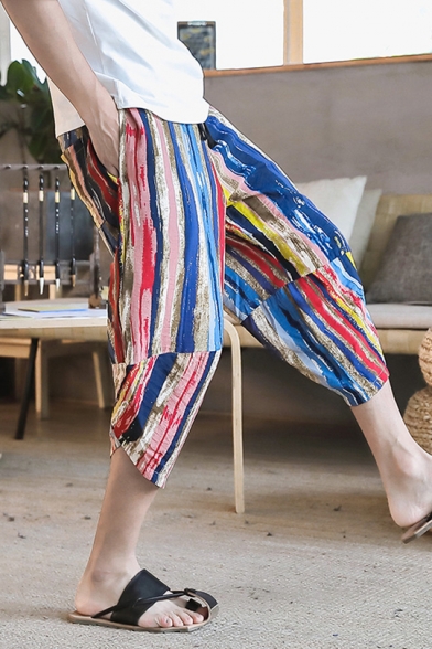 SAYEI Mens Fashion Summer Pants Casual Striped Drawstring Cotton Linen 3/4 Trousers