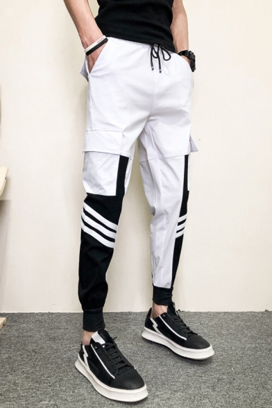 Guys New Fashion Colorblock Striped Printed Drawstring Waist Slim Fit Cargo Pants